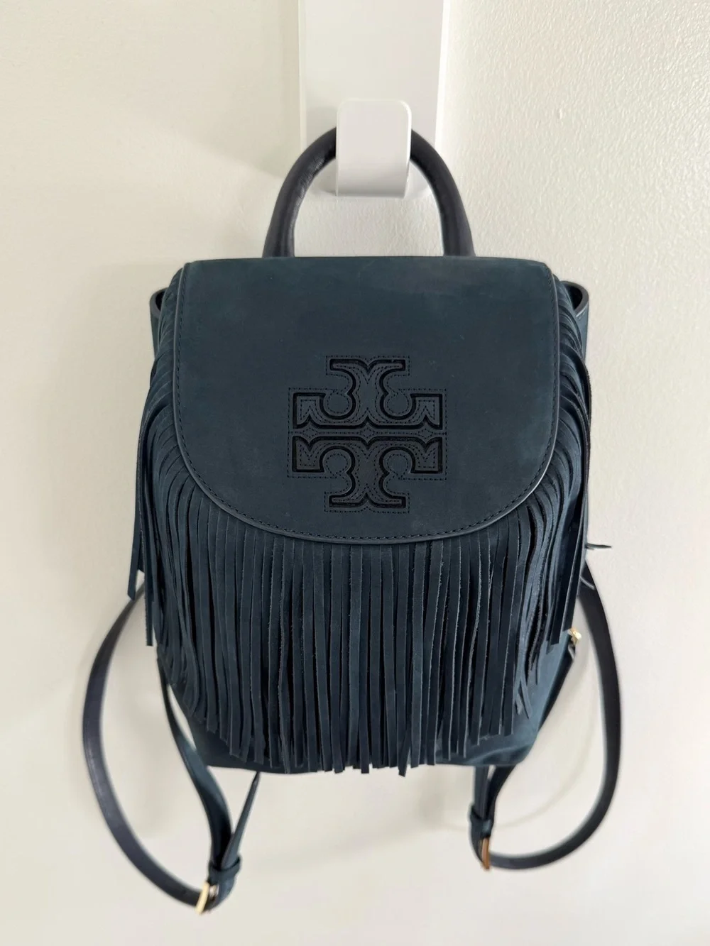 Tory Burch Harper Fringe Suede Backpack in Navy Blue